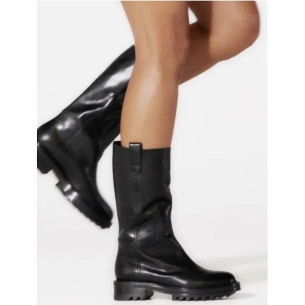 Tamara Mellon Easy Rider Boot Black Leather Mid-Calf Lug Sole PullOn Moto Combat